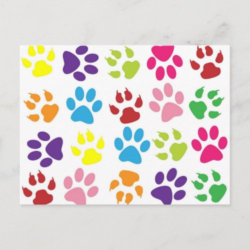 Bright Colorful Paw Prints Pattern Postcard