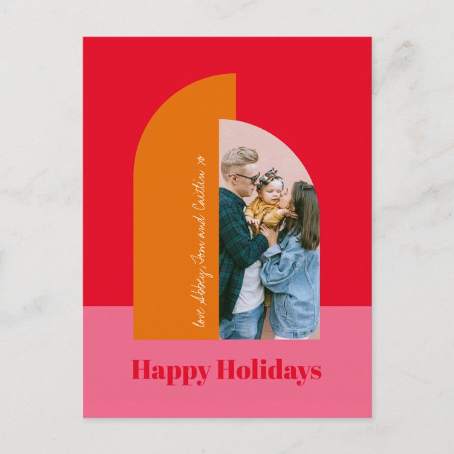 Bright Colorful Pink Christmas Family Photo Happy Holiday Postcard (Front)
