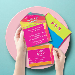 Bright & Colorful Pink Orange Wedding All In One Invitation