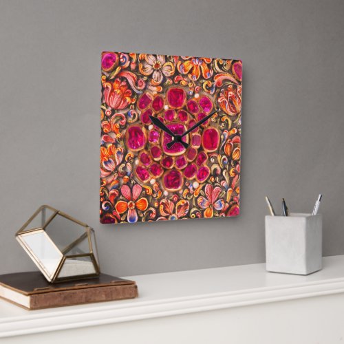 Bright Colorful Pink Red Orange Floral Square Wall Clock