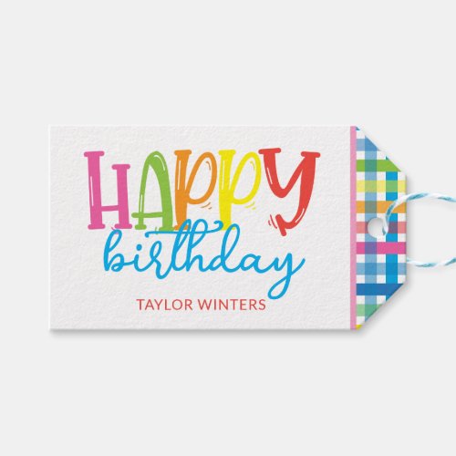 Bright Colorful Plaid Happy Birthday Gift Tags