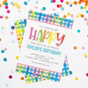 Bright Colorful Plaid Happy Birthday Party Invitation