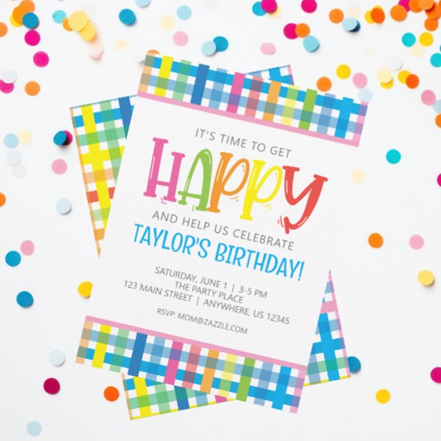 Bright Colorful Plaid Happy Birthday Party Invitation (Creator Uploaded)