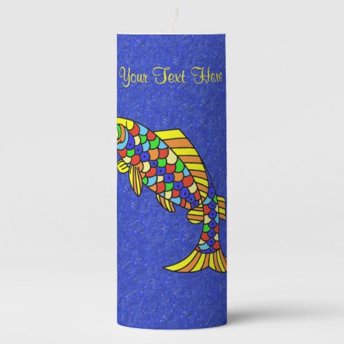 Bright Colorful Pop Art Style Fish on Blue Pillar Candle