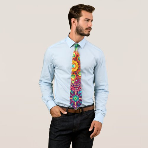 Bright Colorful Psychedelic Retro Sunbursts Stars Neck Tie