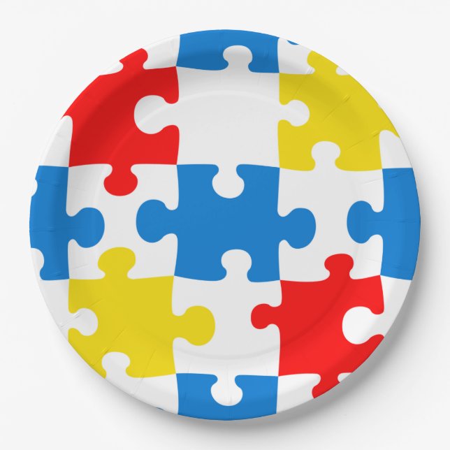 Bright Colorful Puzzle Piece Pattern Paper Plates (Front)