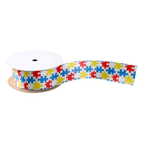 Bright Colorful Puzzle Pieces Pattern Satin Ribbon