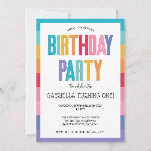 Bright Colorful Rainbow 1st Birthday Party Custom Invitation