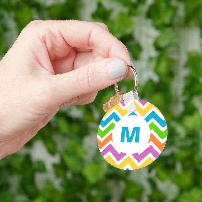 Bright Colorful Rainbow Chevron Monogram Keychain (Hand)