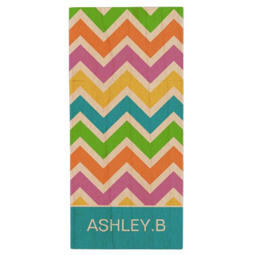 Bright Colorful Rainbow Chevron Personalised Wood Flash Drive