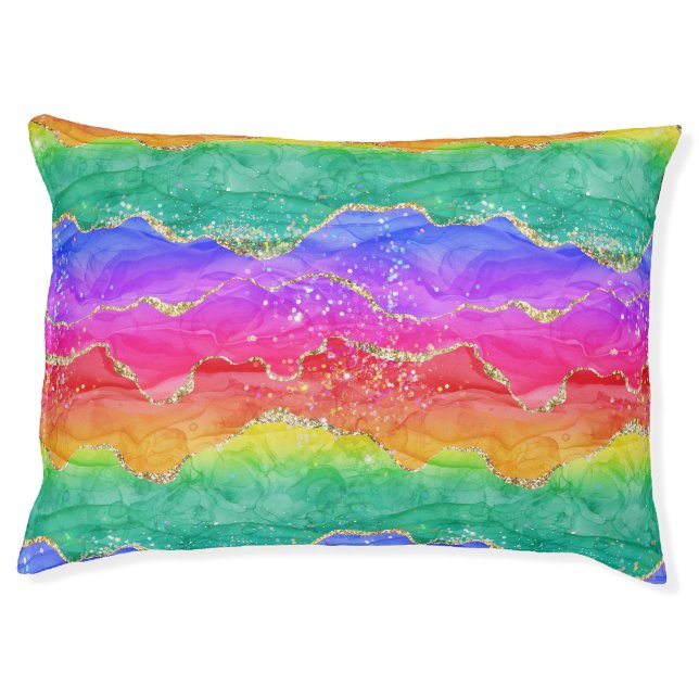 Bright Colorful Rainbow Glitter Gold Agate Pet Bed (Front)