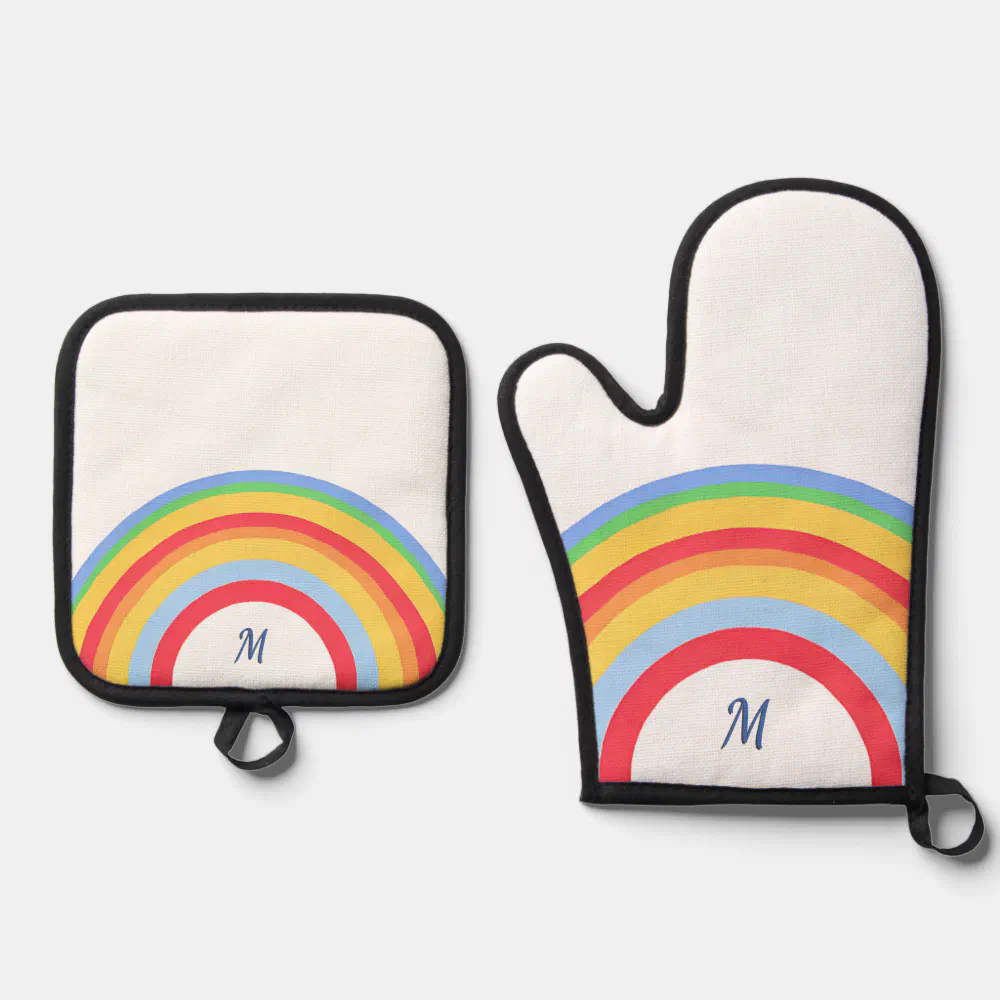 Bright Colorful Rainbow Monogrammed Stylish Oven Mitt & Pot Holder Set