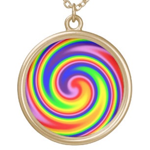 Bright Colorful Rainbow Spiral Swirl Hippie Pride Gold Plated Necklace