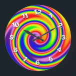 Bright Colorful Rainbow Spiral Swirl Wonky Numbers Large Clock<br><div class="desc">A spiral swirl of Pride rainbow colors, shades of red, orange, yellow, green, blue, indigo, and a light violet hue, creates a vibrant energy. The wonky numbers are in white with a black edge to give them the feeling of floating or swirling, and they're also easy to read on this...</div>
