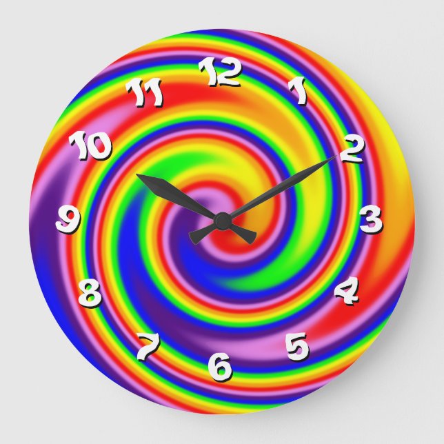 Bright Colorful Rainbow Spiral Swirl Wonky Numbers Large Clock (Front)
