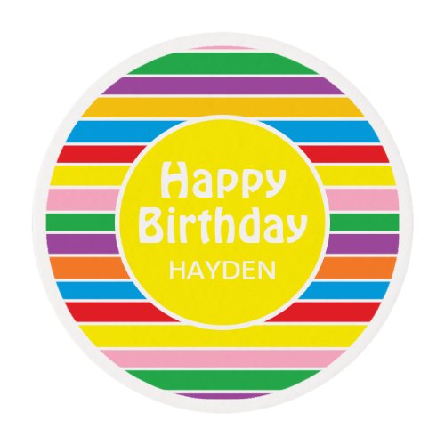 Bright Colorful Rainbow Striped Custom Birthday Edible Frosting Rounds