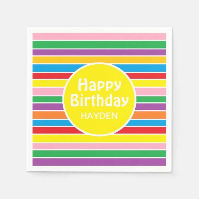 Bright Colorful Rainbow Striped Custom Birthday Napkins (Front)