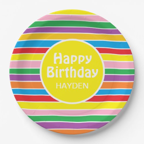 Bright Colorful Rainbow Striped Custom Birthday Paper Plates