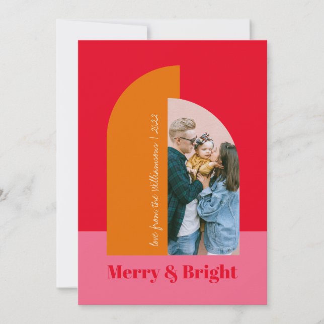 Bright Colorful Red Pink Family Photo Arch Holiday Card (Front)