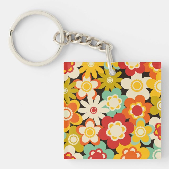 Bright Colorful Retro Cute Floral Pattern Keychain (Front)