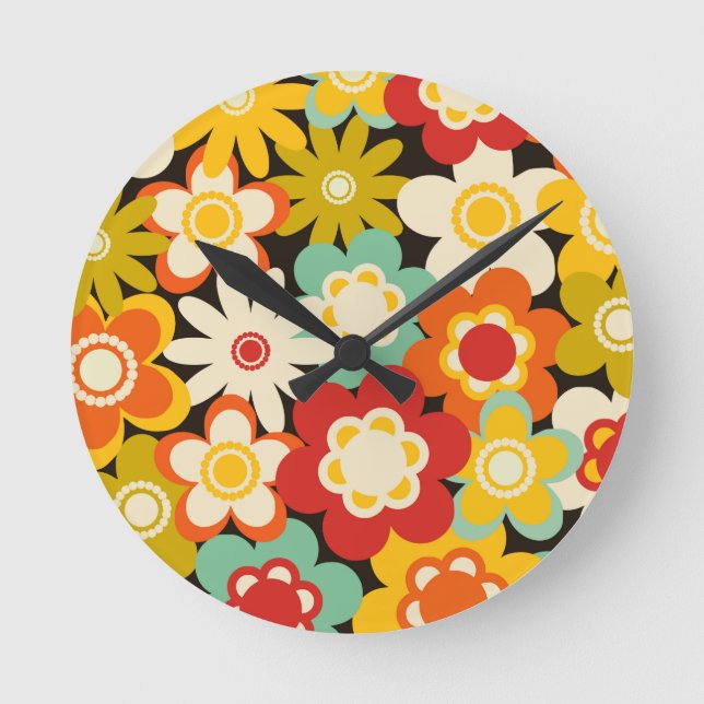 Bright Colorful Retro Cute Floral Pattern Round Clock (Front)