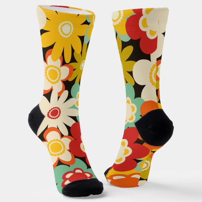 Bright Colorful Retro Cute Floral Pattern Socks (Angled)