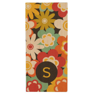 Bright Colorful Retro Floral Pattern Monogram Wood Flash Drive