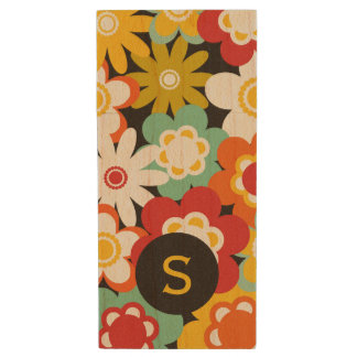 Bright Colorful Retro Floral Pattern Monogram Wood Flash Drive