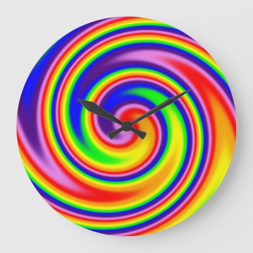 Bright Colorful Retro Hippie Rainbow Spiral Swirl Large Clock