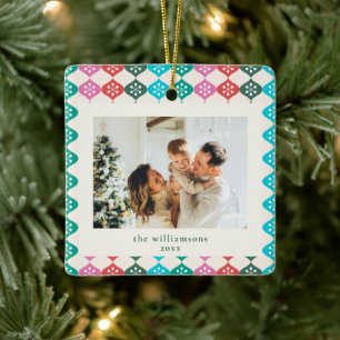 Bright Colorful Retro Snowflake Family Photo Xmas Ceramic Ornament