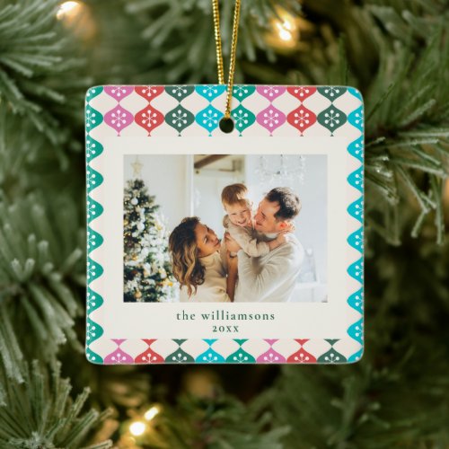 Bright Colorful Retro Snowflake Family Photo Xmas Ceramic Ornament