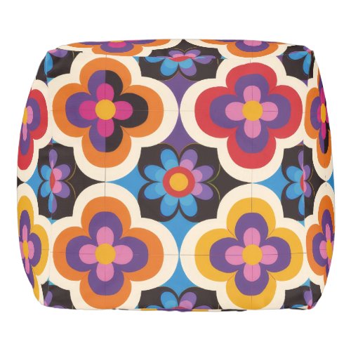 Bright colorful retro vintage abstract floral  pouf