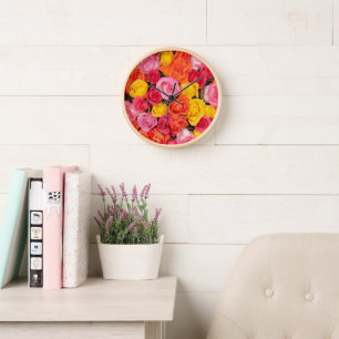 Bright Colorful Roses Pattern Floral Background Clock