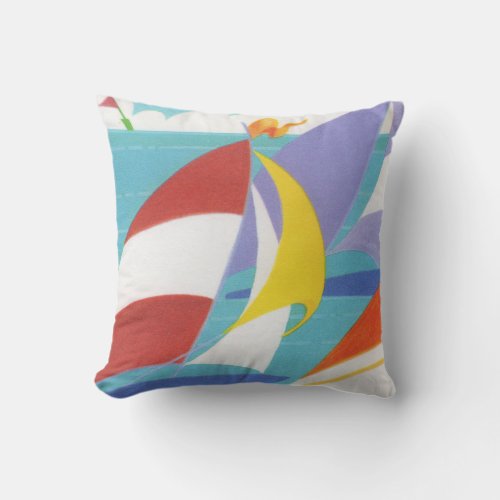 Bright Colorful Sailboats Flags Blue Water Outdoor Pillow