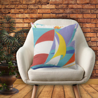Bright Colorful Sailboats Flags Blue Water Outdoor Pillow