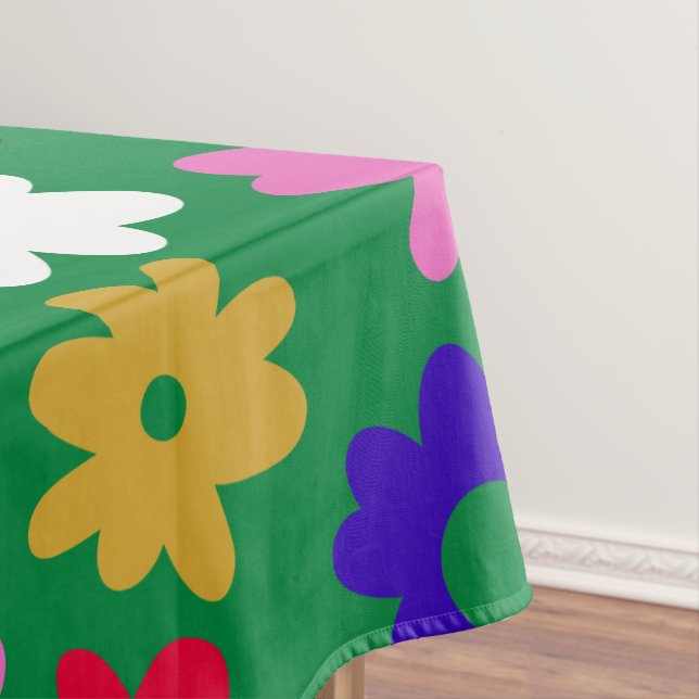 Bright Colorful Scandinavian Flower Pattern Green Tablecloth (In Situ)