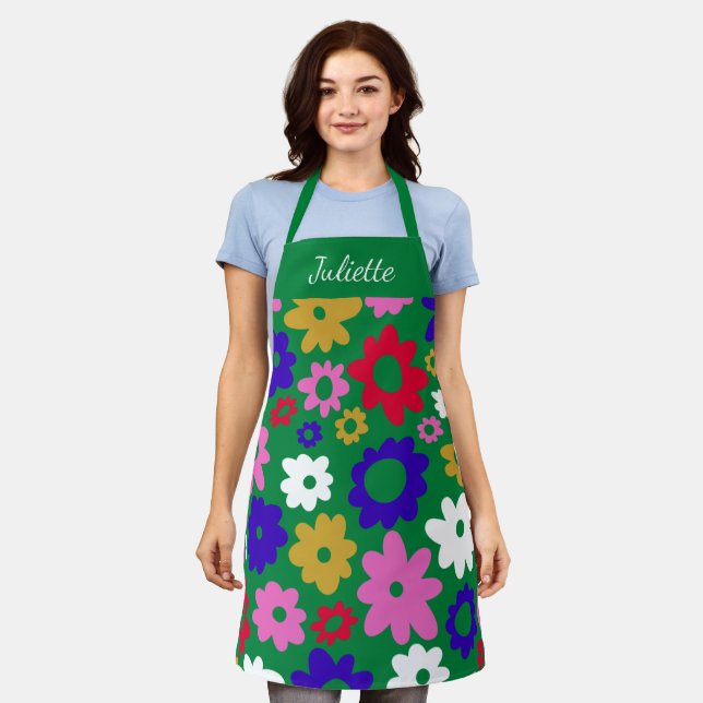 Bright Colorful Scandinavian Flowers Green Custom Apron (Worn)
