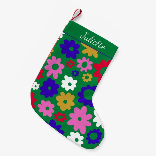 Bright Colorful Scandinavian Flowers Green Custom Small Christmas Stocking (Front (Hanging))