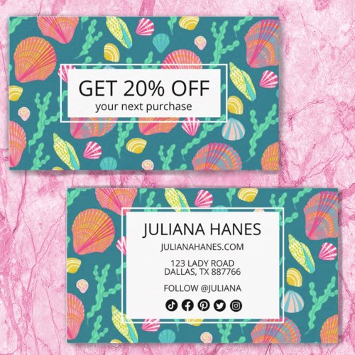 Bright Colorful Seashells and Seaweed Pattern Cute Discount Card