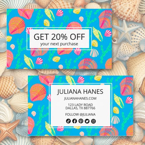 Bright Colorful Seashells and Seaweed Pattern Icon Discount Card