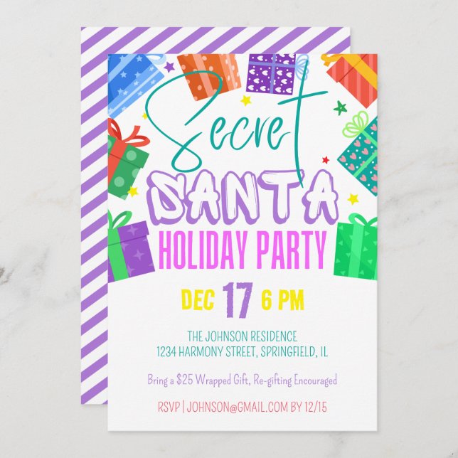 Bright Colorful Secret Santa Gift Exchange Party Invitation (Front/Back)