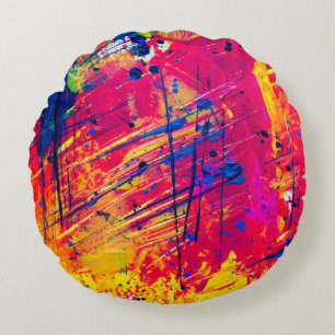 Bright Colorful Splatter Paint Abstract Round Pillow