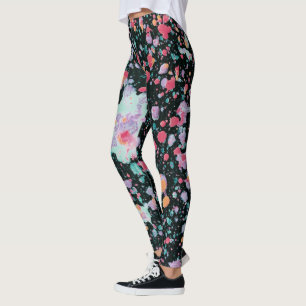 Bright Colorful Splatter Paint Coral on Black Leggings