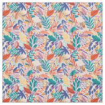 Bright Colorful Spring Leaves Line Art Pattern Fabric