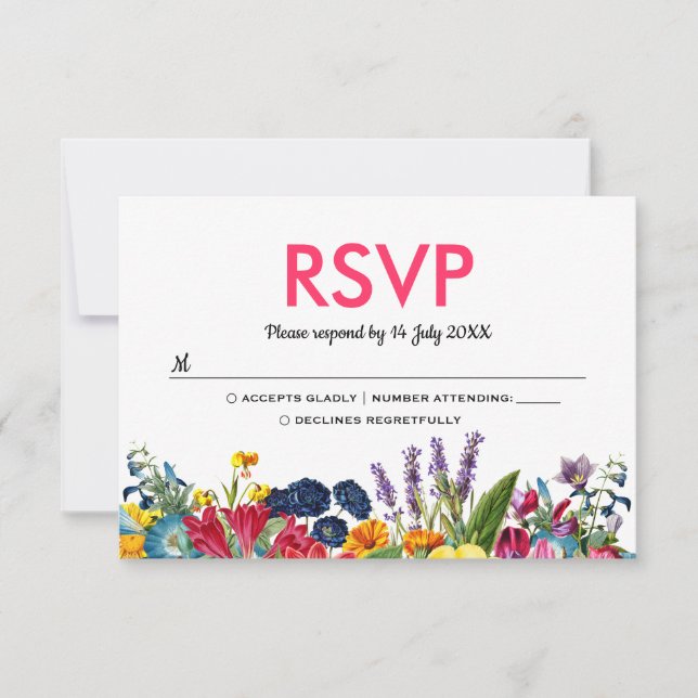 Bright Colorful Summer Flowers Wedding RSVP Card (Front)