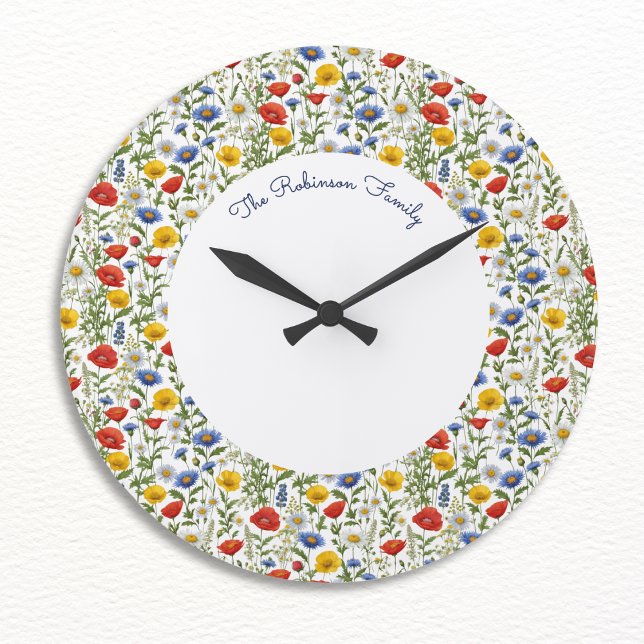 Bright Colorful Summer Wildflowers Floral Round Large Clock (A pretty personalized wall clock with a pattern of colorful summer wildflowers)