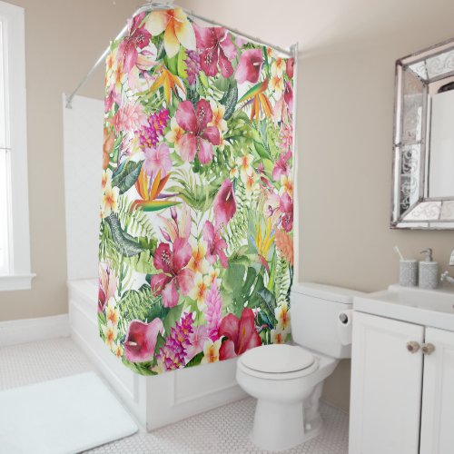Bright Colorful Tropical Floral Botanical Leaves Shower Curtain