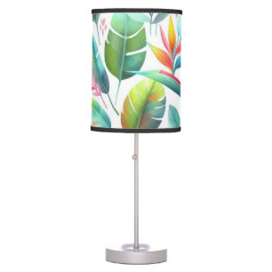 Bright Colorful Tropical Leaves Pink Table Lamp