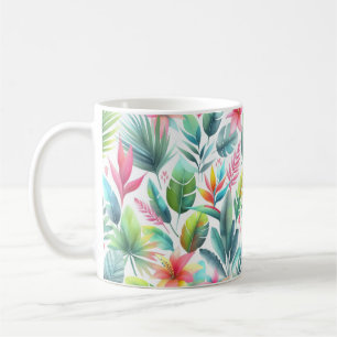 Bright Colorful Tropical Leaves With Pink Coffee Mug