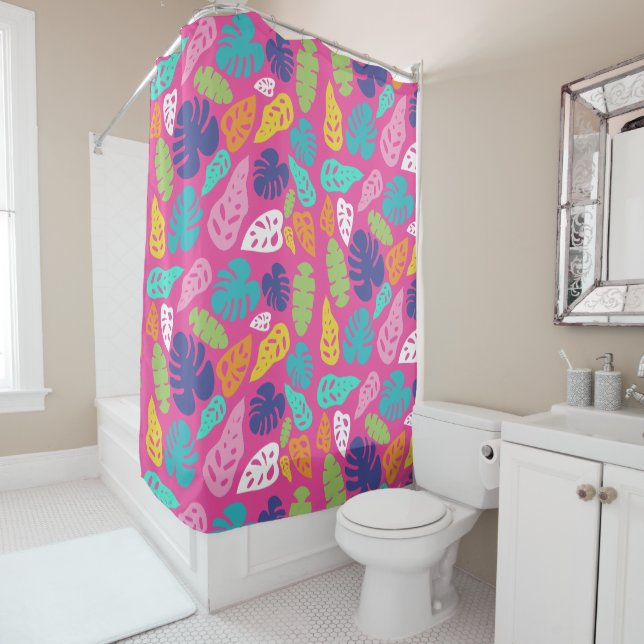 Bright Colorful Tropical Summer Leaf Pattern Shower Curtain (In Situ)